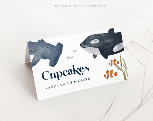 Editable Ocean Food Labels, Food Tent cards, Food Tags, Folded Food Cards for Under the Sea Baby Shower Party OCENBS002