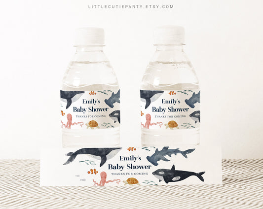 Editable Ocean Water Bottle Labels, Under the Sea Bottle Labels, Under the Sea Baby Shower Decorations OCENBS002
