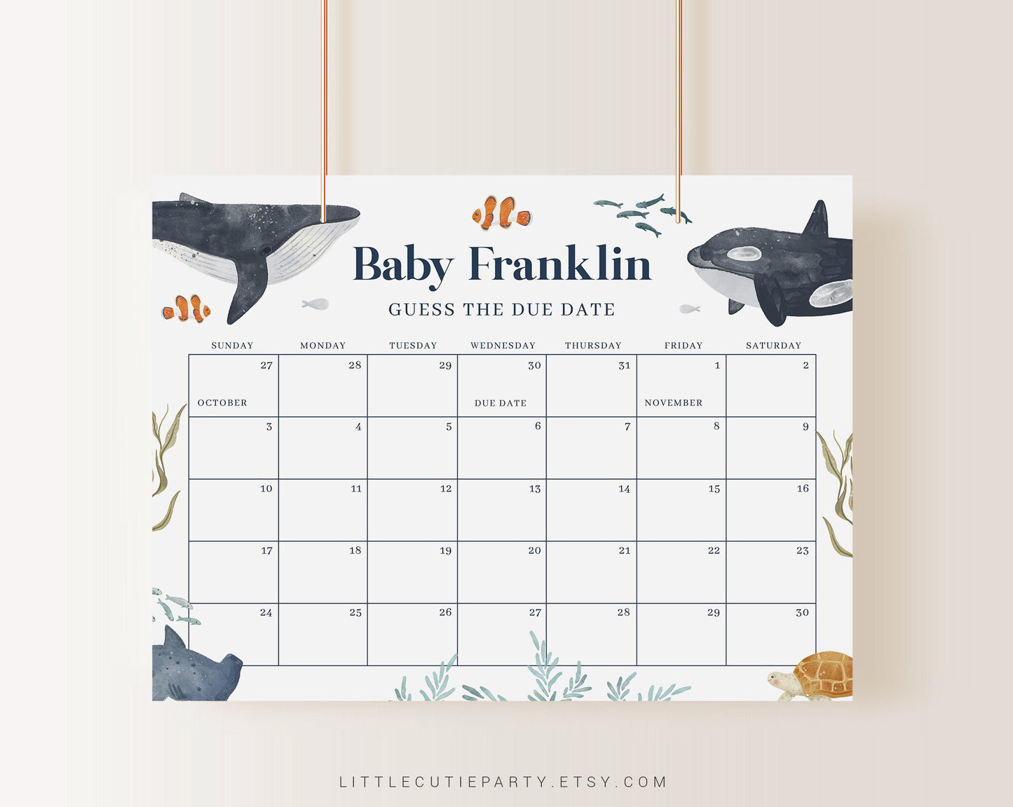 Editable Ocean Baby Shower Due Date, Ocean Baby Calendar Game, Due Date Calendar for Under the Sea Party OCENBS002