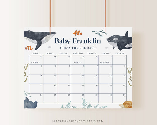 Editable Ocean Baby Shower Due Date, Ocean Baby Calendar Game, Due Date Calendar for Under the Sea Party OCENBS002