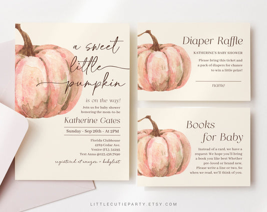 Editable Pink Pumpkin Baby Shower Invitation, Little Pumpkin Baby Shower with Diaper Raffle, Books for Baby and Gift Tag PMKBS002