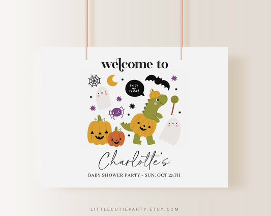 Editable Halloween Baby Shower Banner, Dino Hallowwen Backdrop, Vinyl Banner for Baby Shower Party HLWBS001