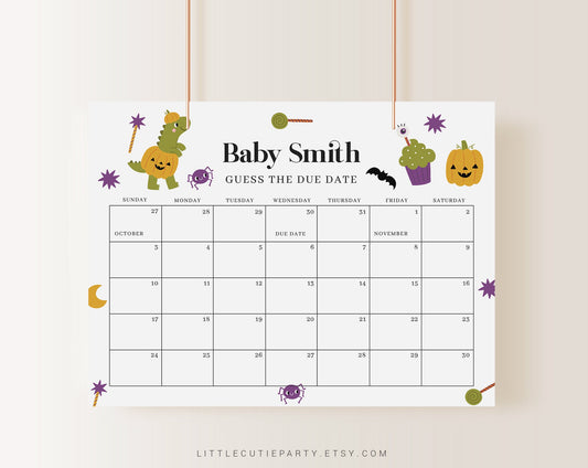Editable Halloween Baby Shower Due Date, Dino Halloween Baby Shower Games, Due Date Calendar for Baby Shower Party HLWBS001