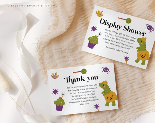 Editable Dino Halloween Thank you Card, Baby Shower Display Card for Halloween Baby Shower Party HLWBS001