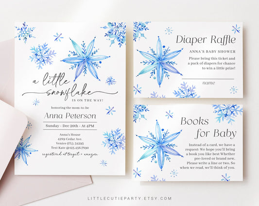 Editable Little Snowflake Baby Shower Invitation, Blue Snowflake Babyshower for Boy with Diaper Raffle, Books for Baby and Gift Tag SNFBS001