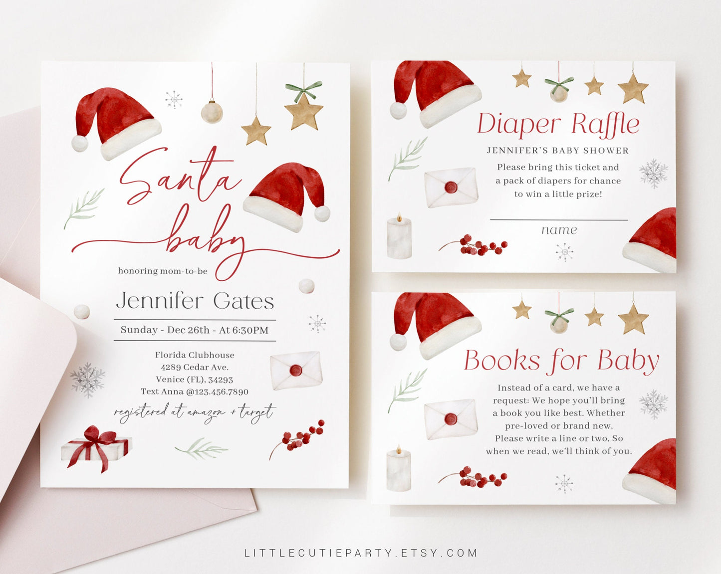 Editable Santa Baby Shower Invitation, Santa Baby Invite with Diaper Raffle, Books for Baby and Gift Tag SNTBS001
