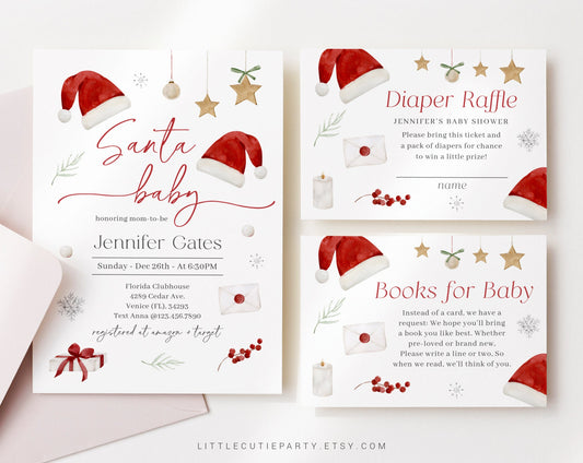 Editable Santa Baby Shower Invitation, Santa Baby Invite with Diaper Raffle, Books for Baby and Gift Tag SNTBS001