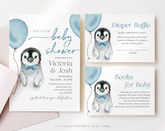 Editable Penguin Baby Shower Invitation for Boy, Little Penguin Theme with Diaper Raffle, Books for Baby and Gift Tag PENGBS002