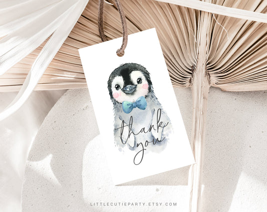Editable Penguin Baby Shower Invitation for Boy, Little Penguin Theme with Diaper Raffle, Books for Baby and Gift Tag PENGBS002