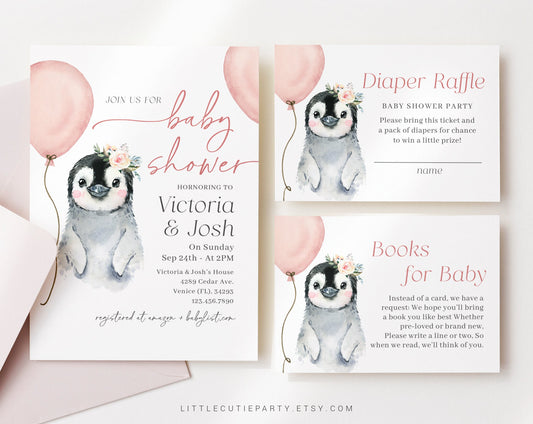 Editable Penguin Baby Shower Invitation for Girl, Little Penguin Girl Theme with Diaper Raffle, Books for Baby and Gift Tag PENGBS003