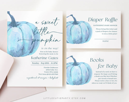 Editable Blue Pumpkin Baby Shower Invitation, Little Pumpkin Baby Shower with Diaper Raffle, Books for Baby and Gift Tag PMKBS003