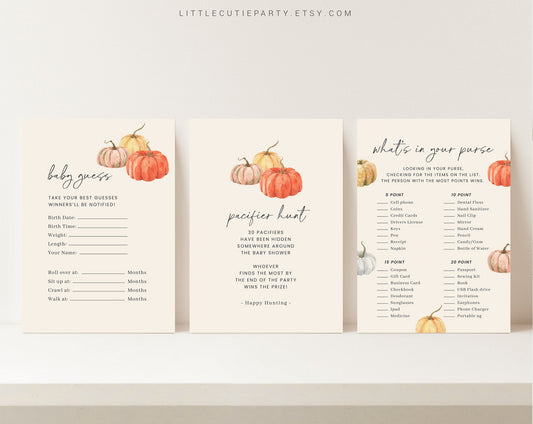 10 Editable Little Pumpkin Baby Shower Games, Baby Shower Games Bundle, Gender Neutral Party Games PMKBS001