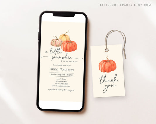 Editable Little Pumpkin Baby Shower Evite, Pumpkin Babyshower Invitation, Pumpkin Electronic Invite PMKBS001