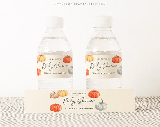 Editable Little Pumpkin Water Bottle Labels, Duck Bottle Labels, Baby Shower Party Decorations PMKBS001