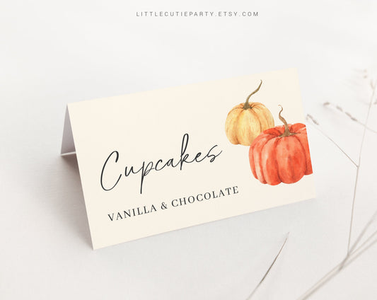 Editable Little Pumpkin Food Labels, Food Tent cards, Food Tags, Folded Food Cards for Pumpkin Baby Shower Party PMKBS001
