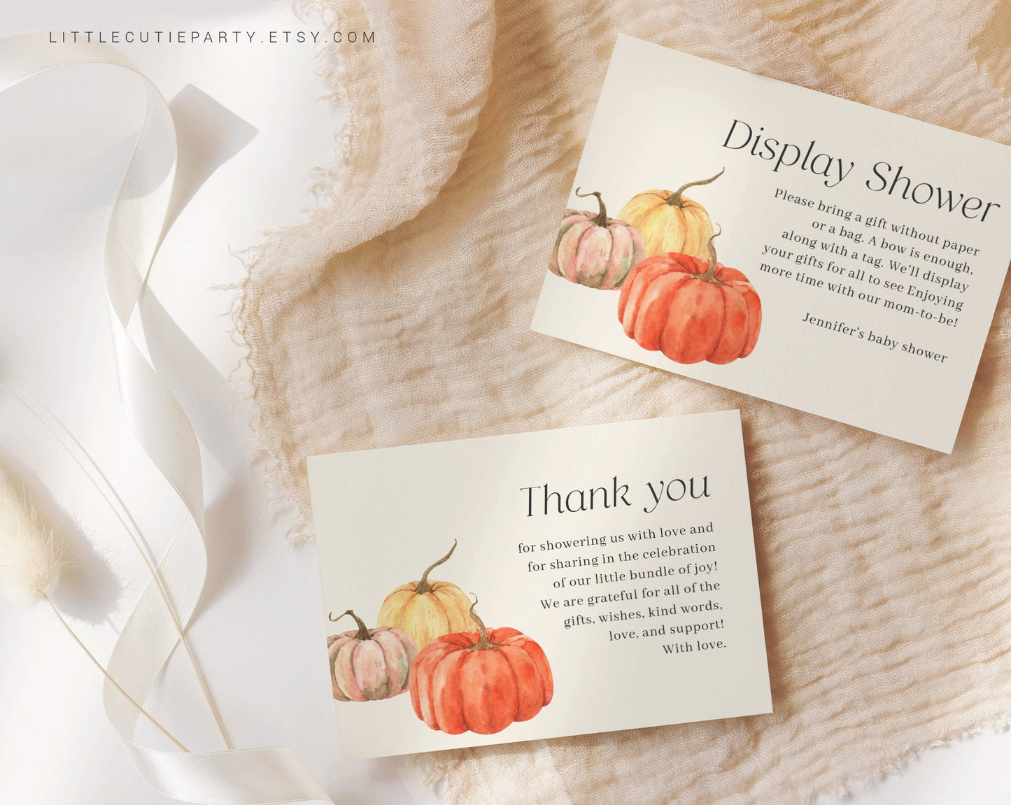 Editable Little Pumpkin Thank you Card, Baby Shower Display Card for Fall Baby Shower Party PMKBS001