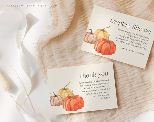 Editable Little Pumpkin Thank you Card, Baby Shower Display Card for Fall Baby Shower Party PMKBS001