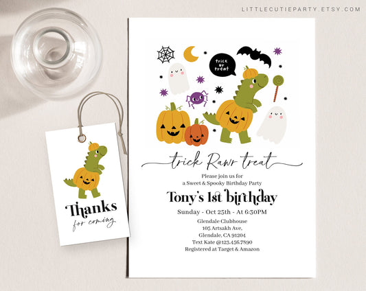 Editable Dinosaur Halloween Birthday Invitation, Halloween Dinosaur Birthday Invitation, Birthday T rex pumpkin Party Invite HLWBD001