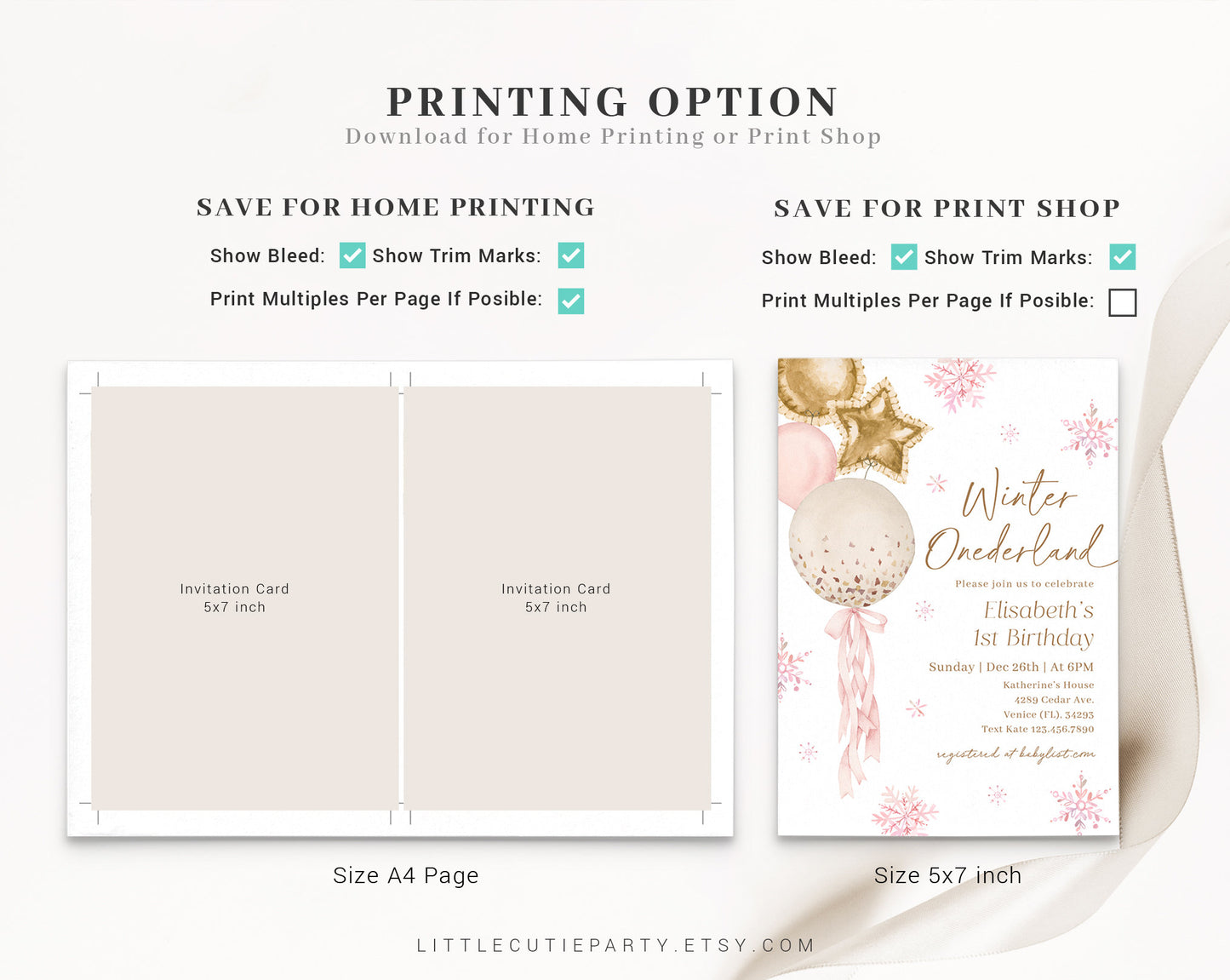 Editable Winter Onederland Birthday Girl Invitation, Rose gold Onederland, Winter Onederland Girl Party Invite with Gift Tag WNTBD002