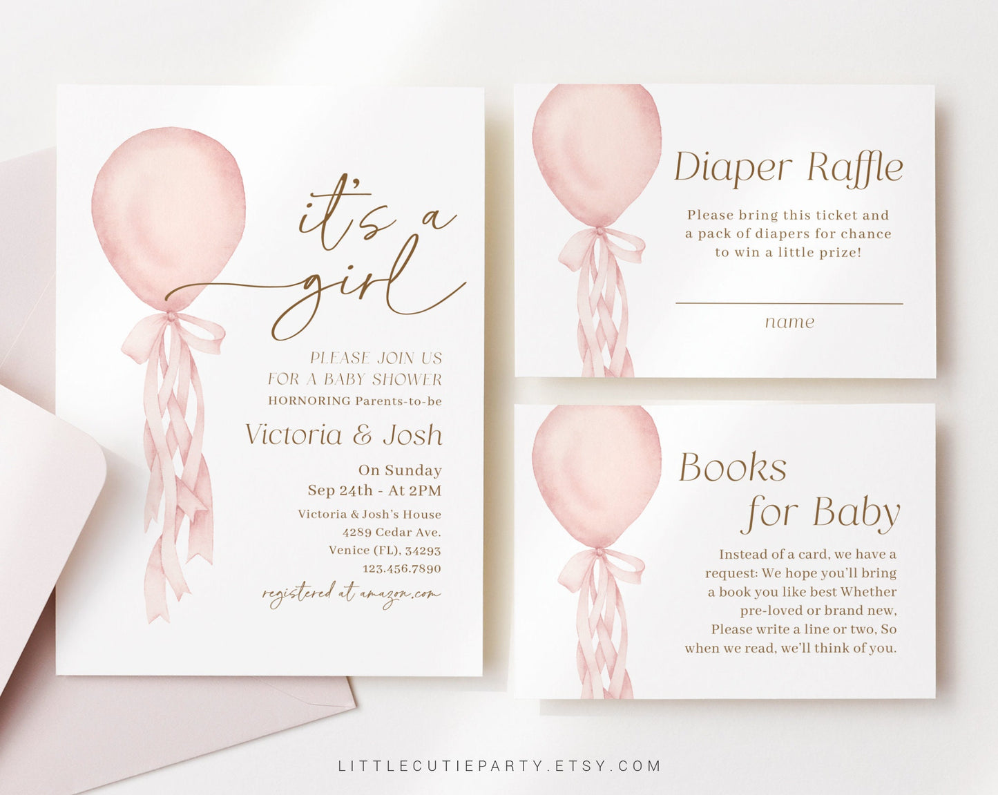 Editable Pink Balloon Baby Shower Invitation, Its a Girl Invitation Baby Shower with Diaper Raffle, Books for Baby and Gift Tag PBLNBS001