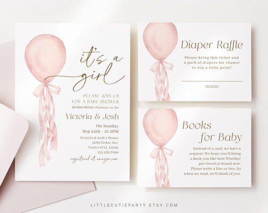 Editable Pink Balloon Baby Shower Invitation, Its a Girl Invitation Baby Shower with Diaper Raffle, Books for Baby and Gift Tag PBLNBS001