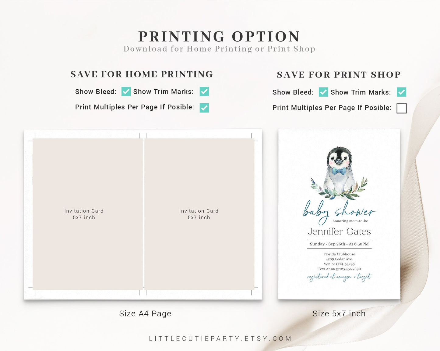 Editable Penguin Baby Shower Invitation for Boy, Little Penguin Theme with Diaper Raffle, Books for Baby and Gift Tag PENGBS004