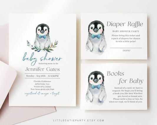 Editable Penguin Baby Shower Invitation for Boy, Little Penguin Theme with Diaper Raffle, Books for Baby and Gift Tag PENGBS004