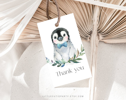 Editable Penguin Baby Shower Invitation for Boy, Little Penguin Theme with Diaper Raffle, Books for Baby and Gift Tag PENGBS004