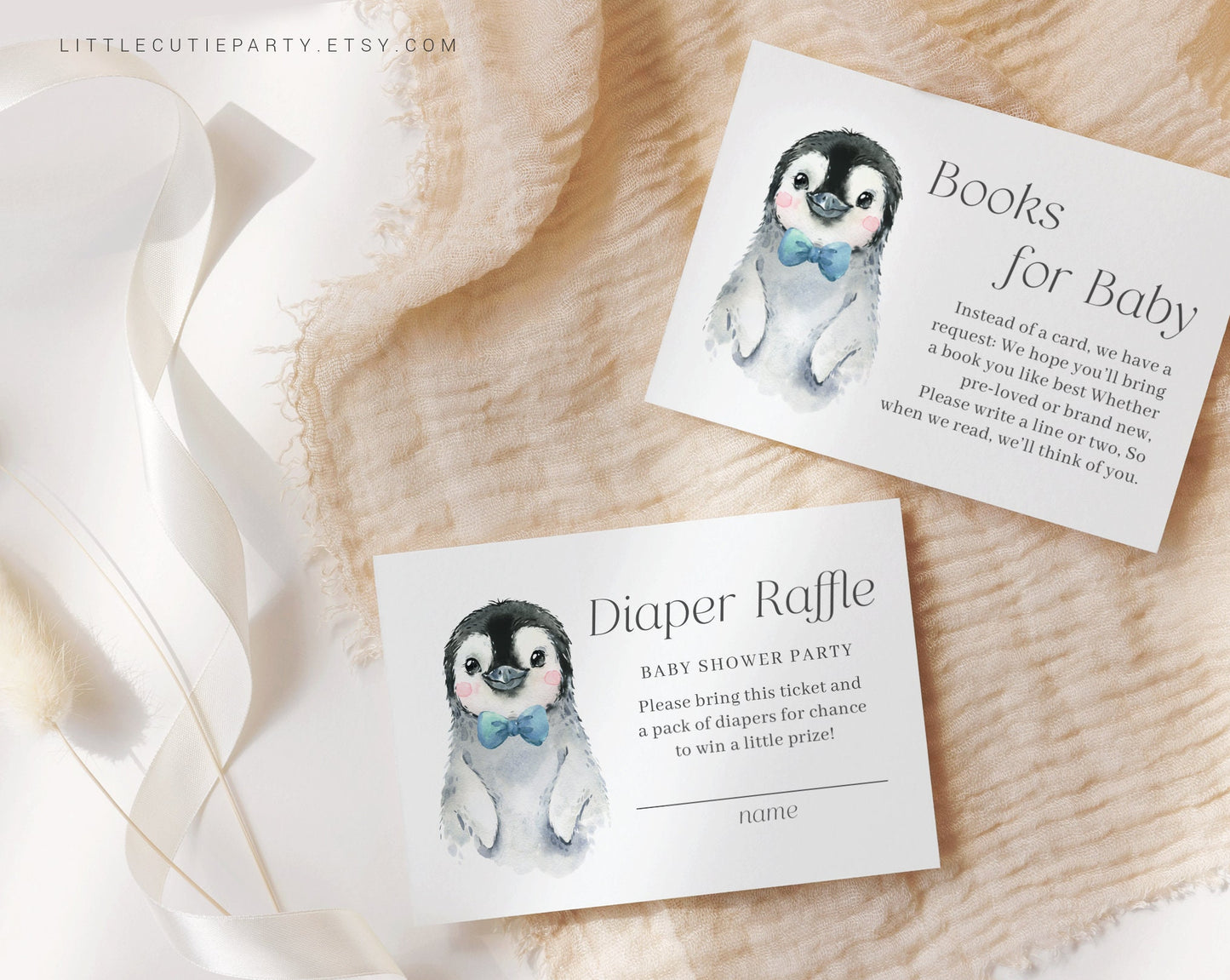 Editable Penguin Baby Shower Invitation for Boy, Little Penguin Theme with Diaper Raffle, Books for Baby and Gift Tag PENGBS004