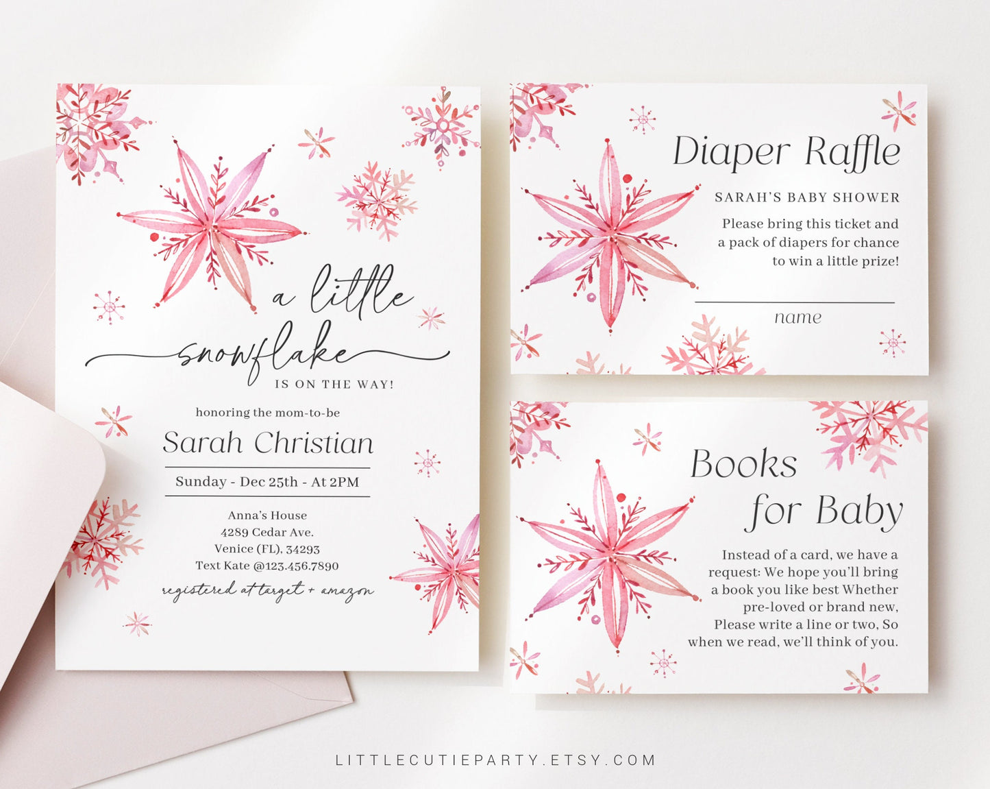 Editable Little Snowflake Baby Shower Invitation for Girl, Pink Snowflake Babyshower with Diaper Raffle, Books for Baby and Tag SNFBS002