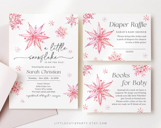 Editable Little Snowflake Baby Shower Invitation for Girl, Pink Snowflake Babyshower with Diaper Raffle, Books for Baby and Tag SNFBS002