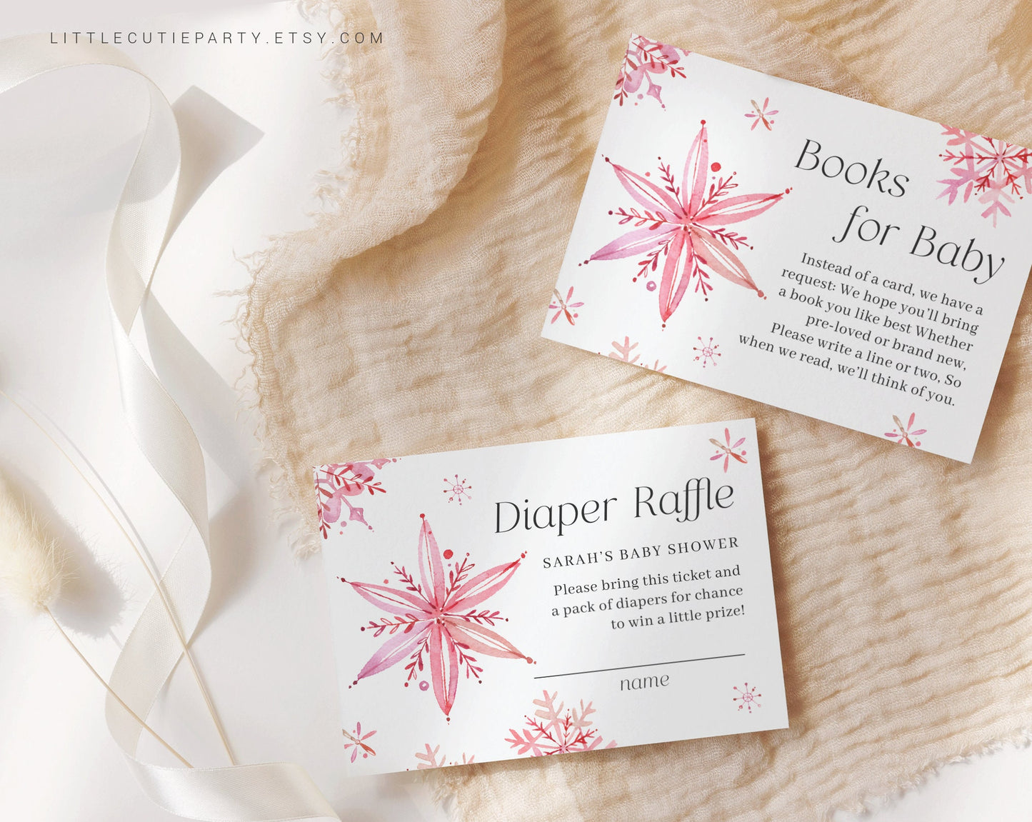Editable Little Snowflake Baby Shower Invitation for Girl, Pink Snowflake Babyshower with Diaper Raffle, Books for Baby and Tag SNFBS002