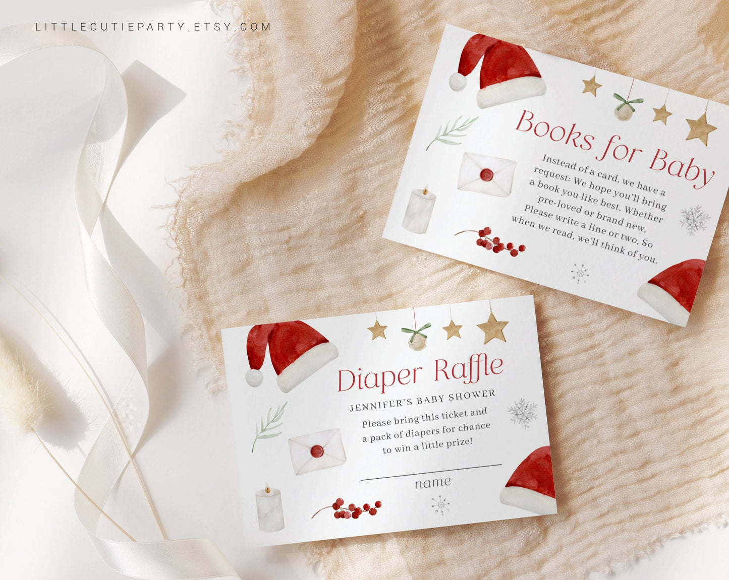 Editable Santa Baby Shower Invitation, Santa Baby Invite with Diaper Raffle, Books for Baby and Gift Tag SNTBS001