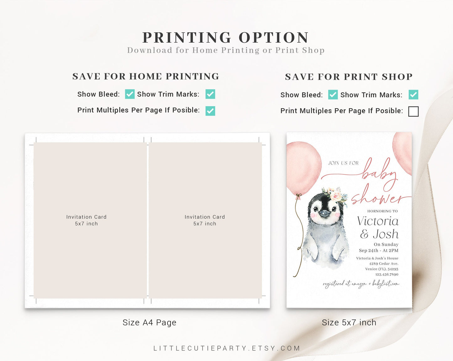 Editable Penguin Baby Shower Invitation for Girl, Little Penguin Girl Theme with Diaper Raffle, Books for Baby and Gift Tag PENGBS003