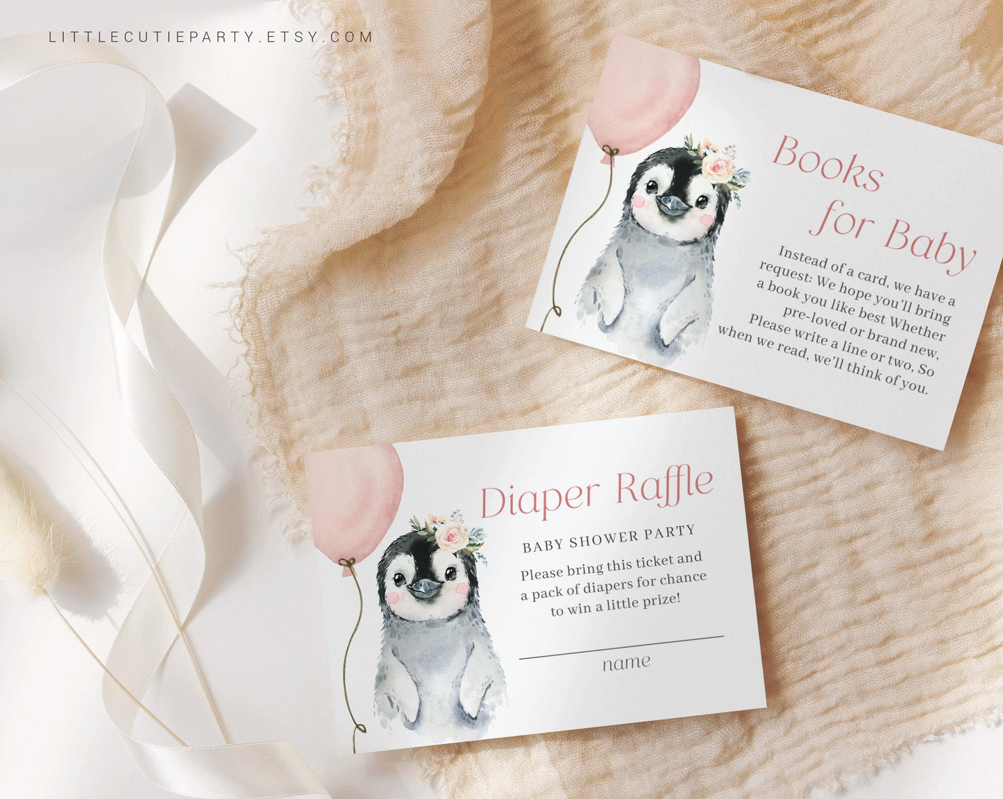 Editable Penguin Baby Shower Invitation for Girl, Little Penguin Girl Theme with Diaper Raffle, Books for Baby and Gift Tag PENGBS003