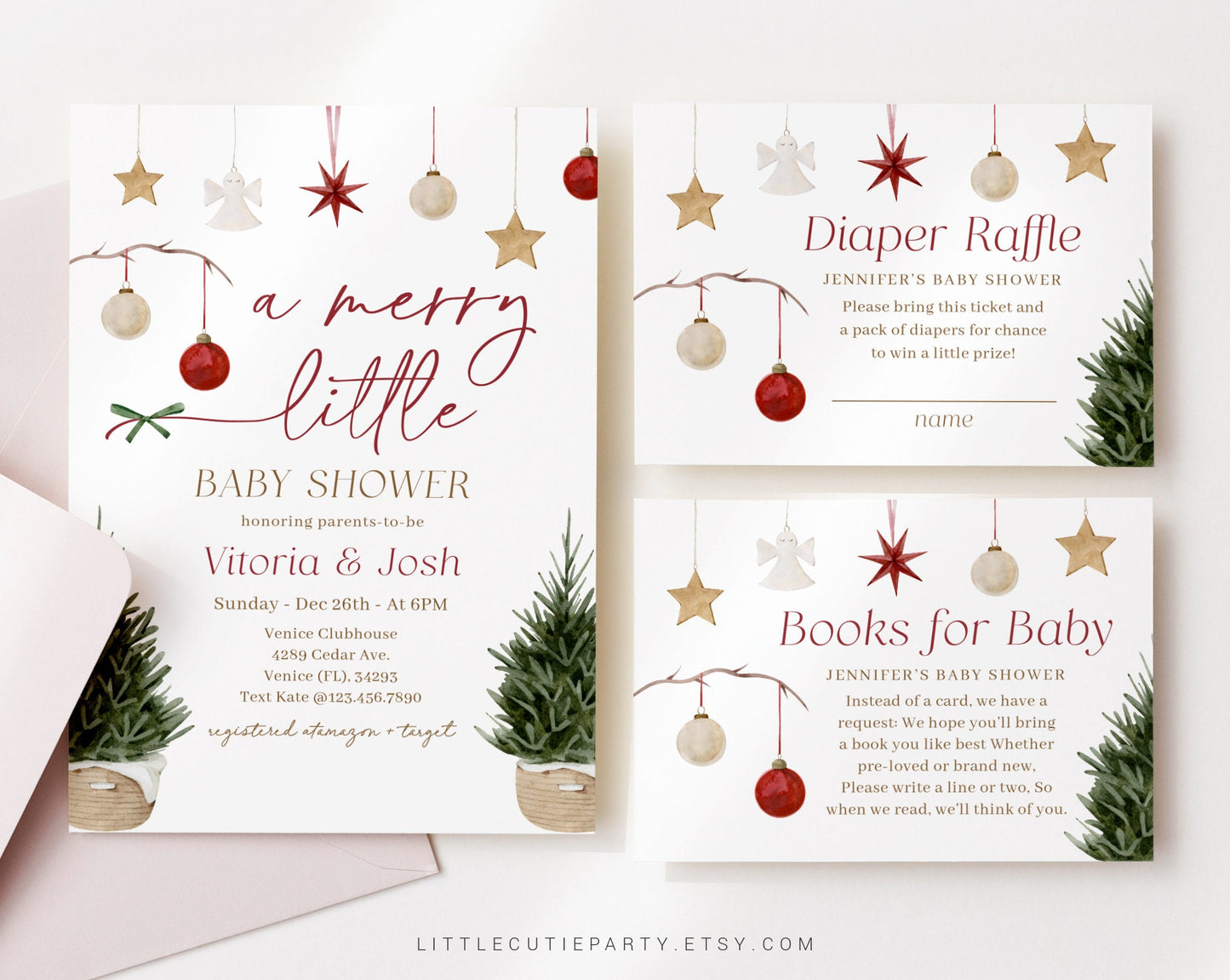 Editable A Merry Little Baby Shower Invitation, Winter Baby Shower, Christmas with Diaper Raffle, Books for Baby and Gift Tag MRYBS001