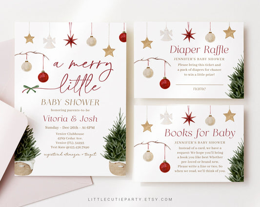 Editable A Merry Little Baby Shower Invitation, Winter Baby Shower, Christmas with Diaper Raffle, Books for Baby and Gift Tag MRYBS001
