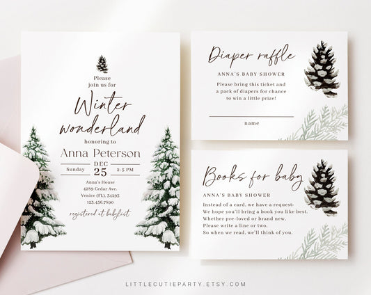 Editable Winter Wonderland Baby Shower Invitation, Winter Baby Shower, Snow Baby with Diaper Raffle, Books for Baby and Gift Tag WINBS003