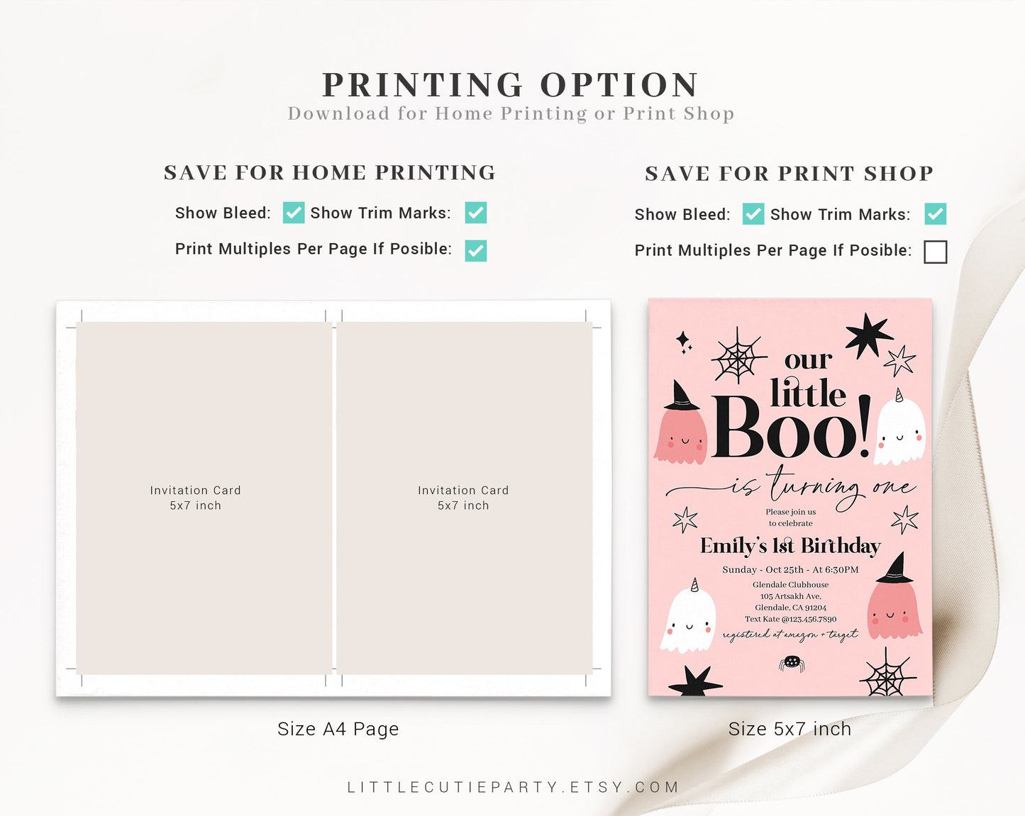 Editable Our Little Boo First Birthday Invitation, Ghost Birthday Invitation, Pink Ghost Party Invite with Gift Tag LTBBD001