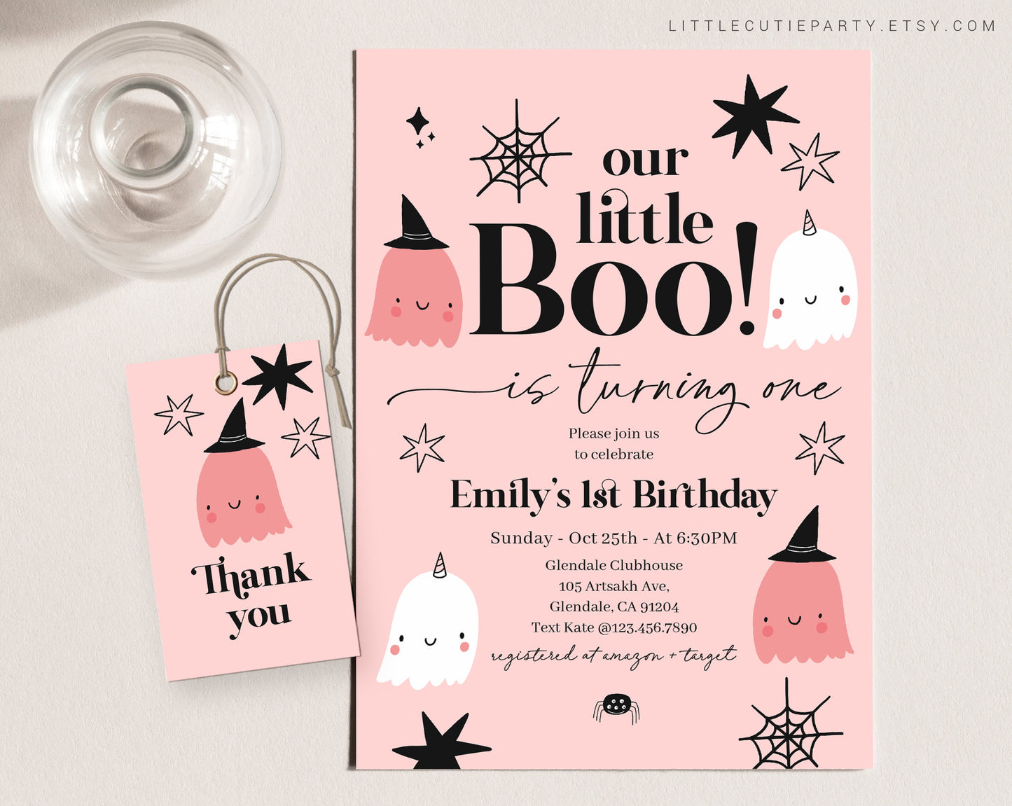 Editable Our Little Boo First Birthday Invitation, Ghost Birthday Invitation, Pink Ghost Party Invite with Gift Tag LTBBD001