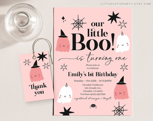 Editable Our Little Boo First Birthday Invitation, Ghost Birthday Invitation, Pink Ghost Party Invite with Gift Tag LTBBD001