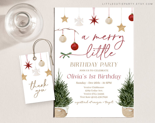Editable Merry Birthday Invitation, Christmas Birthday Invitation, Merry Birthday Party Invite with Gift Tag MRRYBD001