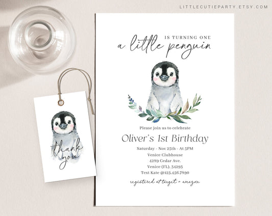 Editable Penguin Birthday Invitation, Penguin Birthday, Penguin Birthday Party Invite with Gift Tag PNGBD001