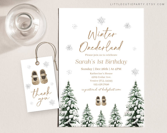 Editable Winter Onederland Birthday Invitation, Winter One derland Birthday, Winter Onederland Invitation with Gift Tag WNTBD001