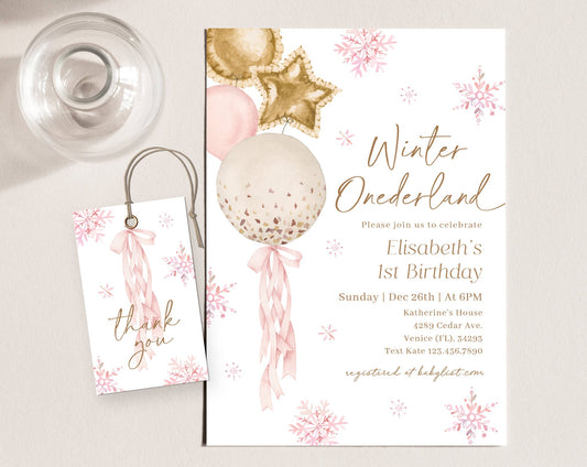 Editable Winter Onederland Birthday Girl Invitation, Rose gold Onederland, Winter Onederland Girl Party Invite with Gift Tag WNTBD002
