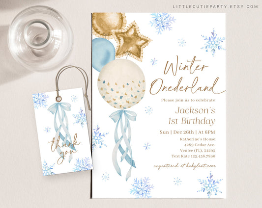 Editable Winter Onederland Birthday Boy Invitation, Winter Onederland Invitation Boy, Boy Winter Birthday Invite with Gift Tag WNTBD003