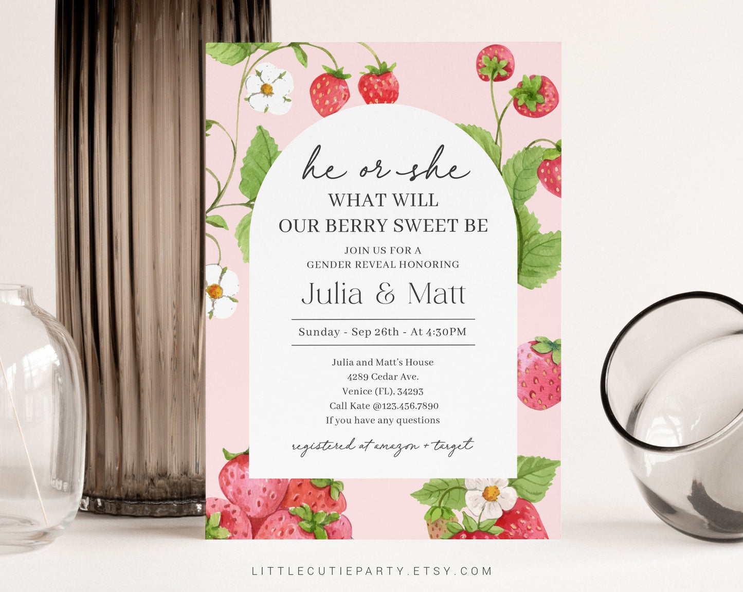 Editable Strawberry Gender Reveal Invitation, Strawberry Baby Gender Reveal, Berry Gender Reveal He Or She, Boy Or Girl STRWGR002