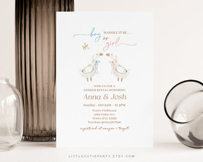 Editable Waddle It Be Gender Reveal Invitation, Duck Gender Reveal, Waddle Baby be He Or She, Boy Or Girl DCKGR001
