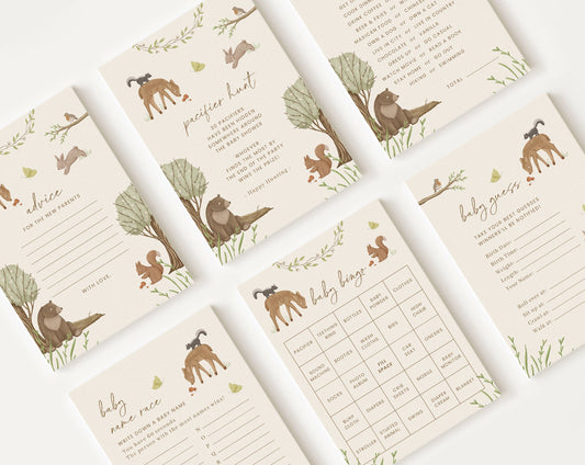 10 Editable Woodland Baby Shower Games, Woodland Baby Shower Games Bundle, Wild Animals Gender Neutral Party Games WOOD001