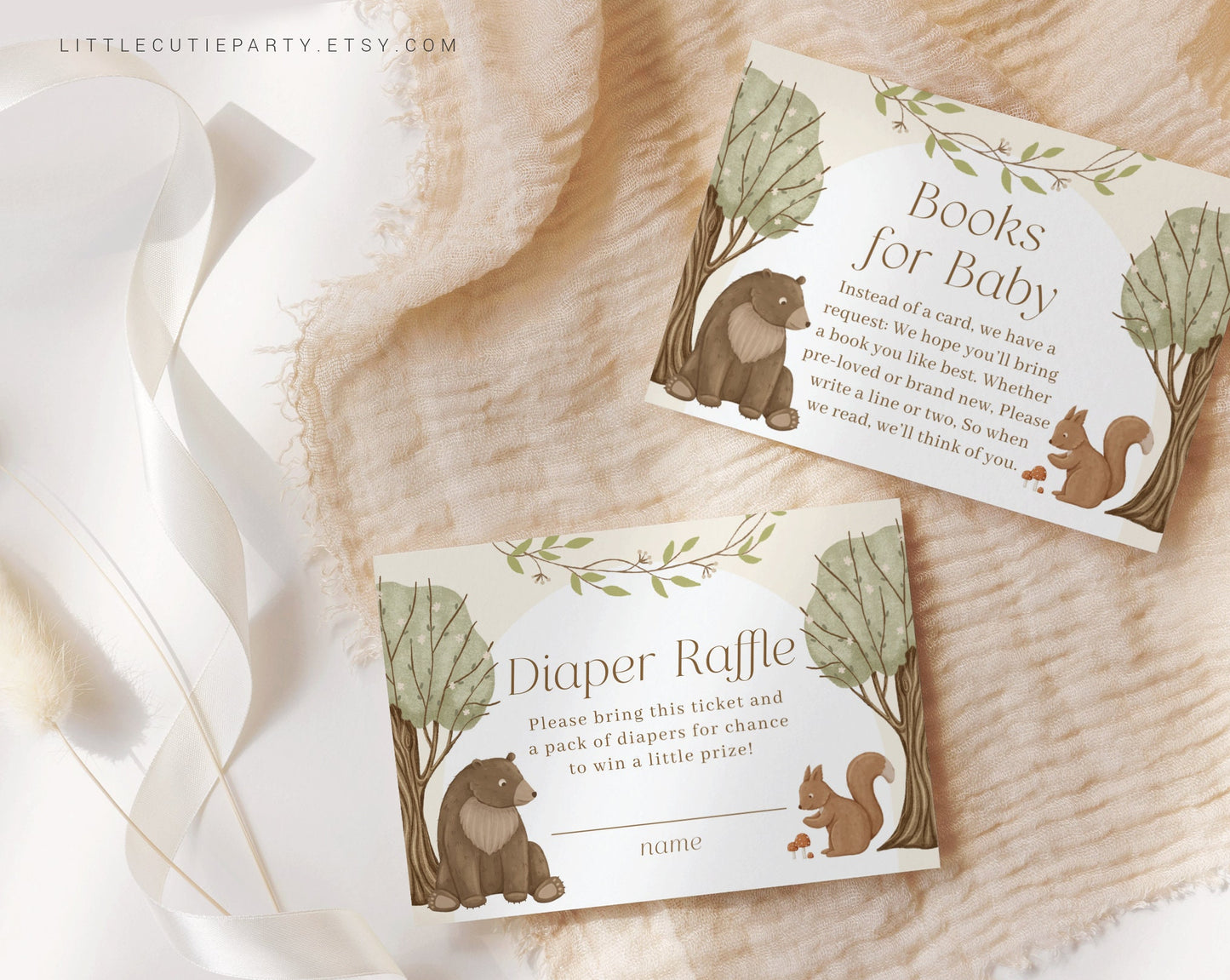 Editable Boho Woodland Baby Shower Invitation, Woodland Baby Shower with Diaper Raffle, Books for Baby and Gift Tag WOOD001